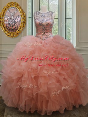 Dramatic Scoop See Through Sleeveless Organza Floor Length Lace Up Sweet 16 Dresses in Peach with Beading and Ruffles