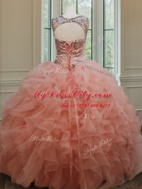 Dramatic Scoop See Through Sleeveless Organza Floor Length Lace Up Sweet 16 Dresses in Peach with Beading and Ruffles