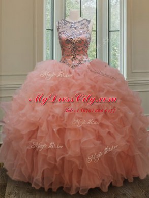 Dramatic Scoop See Through Sleeveless Organza Floor Length Lace Up Sweet 16 Dresses in Peach with Beading and Ruffles