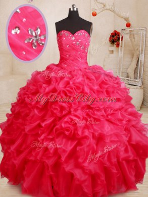 Exquisite Sweetheart Sleeveless 15th Birthday Dress Floor Length Beading and Ruffles Coral Red Organza