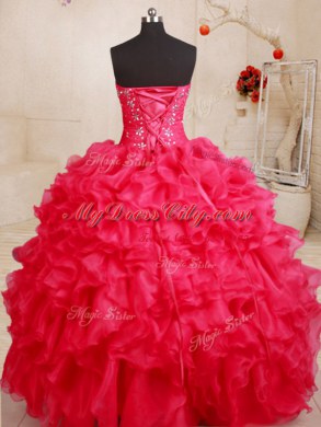 Exquisite Sweetheart Sleeveless 15th Birthday Dress Floor Length Beading and Ruffles Coral Red Organza