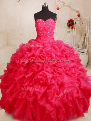 Exquisite Sweetheart Sleeveless 15th Birthday Dress Floor Length Beading and Ruffles Coral Red Organza