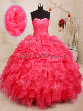 Sleeveless Lace Up Floor Length Beading and Ruffles and Sequins and Hand Made Flower Sweet 16 Dress