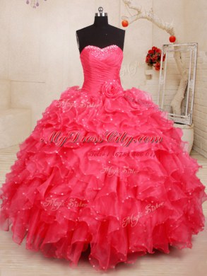 Sleeveless Lace Up Floor Length Beading and Ruffles and Sequins and Hand Made Flower Sweet 16 Dress