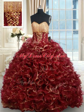 Burgundy Sleeveless Organza Brush Train Lace Up Quinceanera Dresses for Military Ball and Sweet 16 and Quinceanera