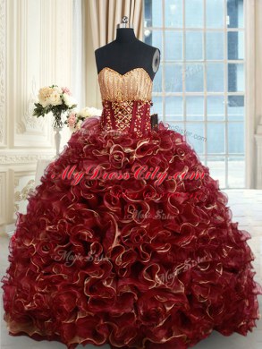 Burgundy Sleeveless Organza Brush Train Lace Up Quinceanera Dresses for Military Ball and Sweet 16 and Quinceanera