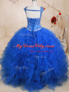 Floor Length Blue 15th Birthday Dress Straps Cap Sleeves Lace Up