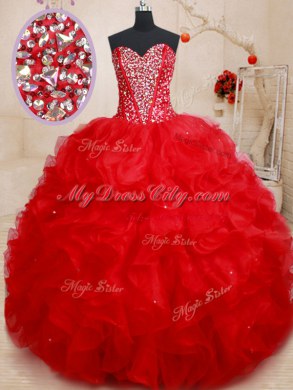 Red Organza Lace Up Sweet 16 Dress Sleeveless Floor Length Beading and Ruffles
