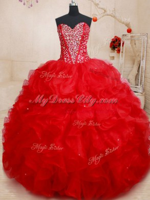 Red Organza Lace Up Sweet 16 Dress Sleeveless Floor Length Beading and Ruffles