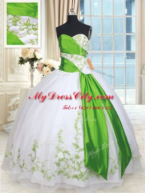 White and Green Ball Gowns Organza Sweetheart Sleeveless Embroidery and Belt and Hand Made Flower Floor Length Lace Up Quinceanera Gowns