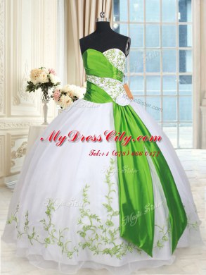 White and Green Ball Gowns Organza Sweetheart Sleeveless Embroidery and Belt and Hand Made Flower Floor Length Lace Up Quinceanera Gowns