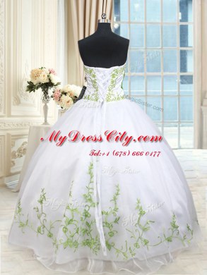 White and Green Ball Gowns Organza Sweetheart Sleeveless Embroidery and Belt and Hand Made Flower Floor Length Lace Up Quinceanera Gowns