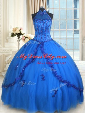 Shining Halter Top See Through Blue Ball Gowns Beading and Appliques Sweet 16 Dresses Lace Up Tulle Sleeveless Floor Length