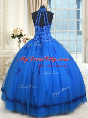 Shining Halter Top See Through Blue Ball Gowns Beading and Appliques Sweet 16 Dresses Lace Up Tulle Sleeveless Floor Length