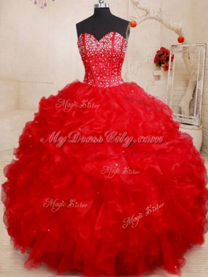 Free and Easy Beading and Ruffles Quince Ball Gowns Red Lace Up Sleeveless Floor Length