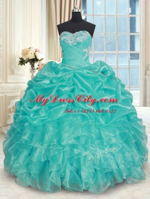 Wonderful Turquoise Organza Lace Up Quinceanera Gown Sleeveless Floor Length Beading and Ruffles