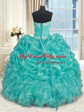 Wonderful Turquoise Organza Lace Up Quinceanera Gown Sleeveless Floor Length Beading and Ruffles