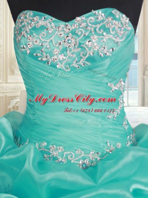 Wonderful Turquoise Organza Lace Up Quinceanera Gown Sleeveless Floor Length Beading and Ruffles