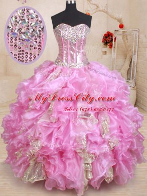 Simple Lilac Lace Up Sweet 16 Dresses Beading and Ruffles and Sequins Sleeveless Floor Length