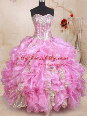 Simple Lilac Lace Up Sweet 16 Dresses Beading and Ruffles and Sequins Sleeveless Floor Length