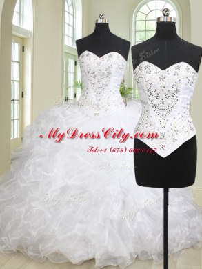 White Organza Lace Up Quinceanera Gown Sleeveless With Brush Train Beading and Ruffles