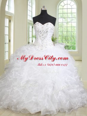 White Organza Lace Up Quinceanera Gown Sleeveless With Brush Train Beading and Ruffles