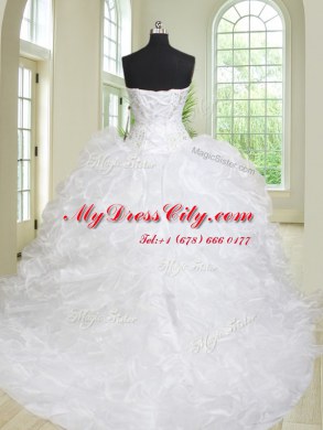 White Organza Lace Up Quinceanera Gown Sleeveless With Brush Train Beading and Ruffles