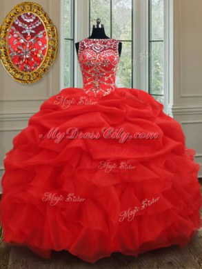 See Through Bateau Sleeveless Lace Up Sweet 16 Dress Red Organza