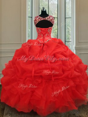 See Through Bateau Sleeveless Lace Up Sweet 16 Dress Red Organza