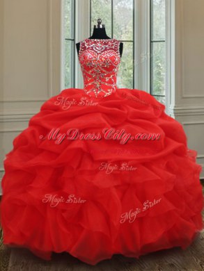 See Through Bateau Sleeveless Lace Up Sweet 16 Dress Red Organza