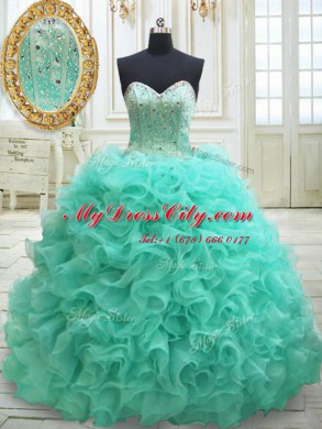 Nice Sweetheart Sleeveless Brush Train Lace Up Sweet 16 Quinceanera Dress Apple Green Organza