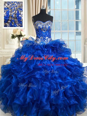 Fine Royal Blue Ball Gowns Organza Sweetheart Sleeveless Beading and Ruffles and Ruffled Layers Floor Length Lace Up Sweet 16 Dress