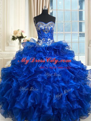 Fine Royal Blue Ball Gowns Organza Sweetheart Sleeveless Beading and Ruffles and Ruffled Layers Floor Length Lace Up Sweet 16 Dress
