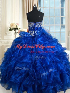Fine Royal Blue Ball Gowns Organza Sweetheart Sleeveless Beading and Ruffles and Ruffled Layers Floor Length Lace Up Sweet 16 Dress
