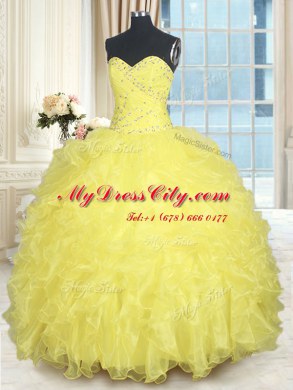 Fantastic Sleeveless Organza Floor Length Lace Up Quinceanera Dress in Yellow with Beading and Ruffles