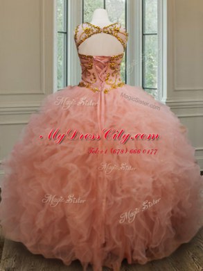 Fantastic See Through Scoop Sleeveless Lace Up 15 Quinceanera Dress Peach Tulle