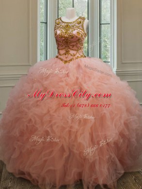 Fantastic See Through Scoop Sleeveless Lace Up 15 Quinceanera Dress Peach Tulle