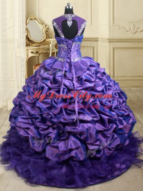 Purple Ball Gowns Organza and Taffeta Straps Cap Sleeves Beading and Ruffles and Pick Ups Lace Up Ball Gown Prom Dress Brush Train