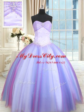 Multi-color Ball Gowns Sweetheart Sleeveless Tulle Floor Length Lace Up Beading Quinceanera Gown