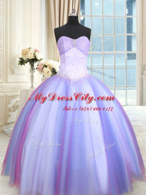 Multi-color Ball Gowns Sweetheart Sleeveless Tulle Floor Length Lace Up Beading Quinceanera Gown