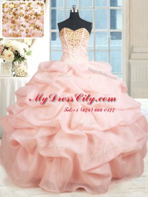 Baby Pink Ball Gowns Sweetheart Sleeveless Organza Floor Length Lace Up Beading and Embroidery and Pick Ups Quinceanera Gowns