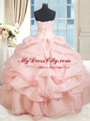 Baby Pink Ball Gowns Sweetheart Sleeveless Organza Floor Length Lace Up Beading and Embroidery and Pick Ups Quinceanera Gowns