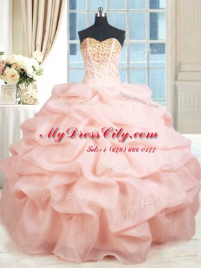 Baby Pink Ball Gowns Sweetheart Sleeveless Organza Floor Length Lace Up Beading and Embroidery and Pick Ups Quinceanera Gowns