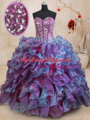 Free and Easy Sleeveless Floor Length Ruffles and Sequins Lace Up Quince Ball Gowns with Multi-color