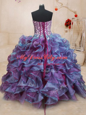 Free and Easy Sleeveless Floor Length Ruffles and Sequins Lace Up Quince Ball Gowns with Multi-color