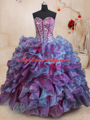 Free and Easy Sleeveless Floor Length Ruffles and Sequins Lace Up Quince Ball Gowns with Multi-color