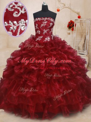 Graceful Burgundy Organza Lace Up Strapless Sleeveless Floor Length Quinceanera Gown Beading and Ruffles and Ruffled Layers