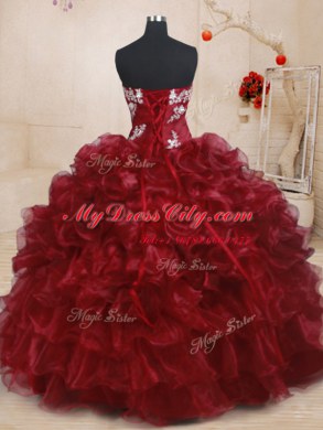 Graceful Burgundy Organza Lace Up Strapless Sleeveless Floor Length Quinceanera Gown Beading and Ruffles and Ruffled Layers