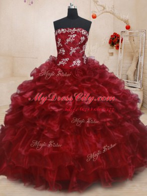 Graceful Burgundy Organza Lace Up Strapless Sleeveless Floor Length Quinceanera Gown Beading and Ruffles and Ruffled Layers
