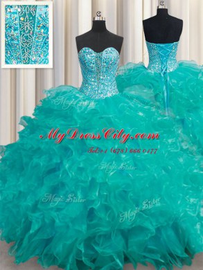 Amazing Floor Length Lace Up Quinceanera Dresses Turquoise for Military Ball and Sweet 16 and Quinceanera with Beading and Ruffles